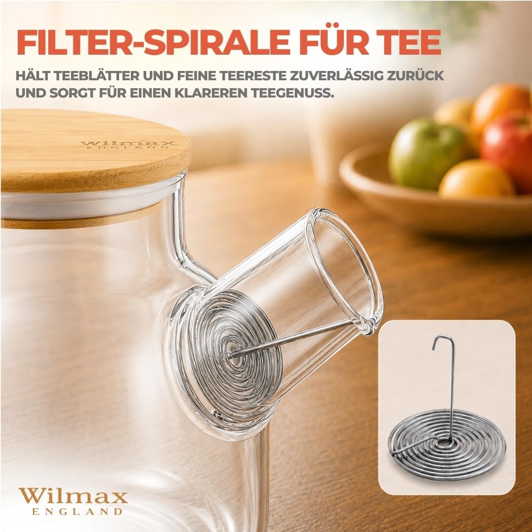 Wilmax Teekanne 1200 ml mit Bambusdeckel Transparent Thermoglas – Anwendungs- oder Detailansicht; Lieferumfang: 1 Stück