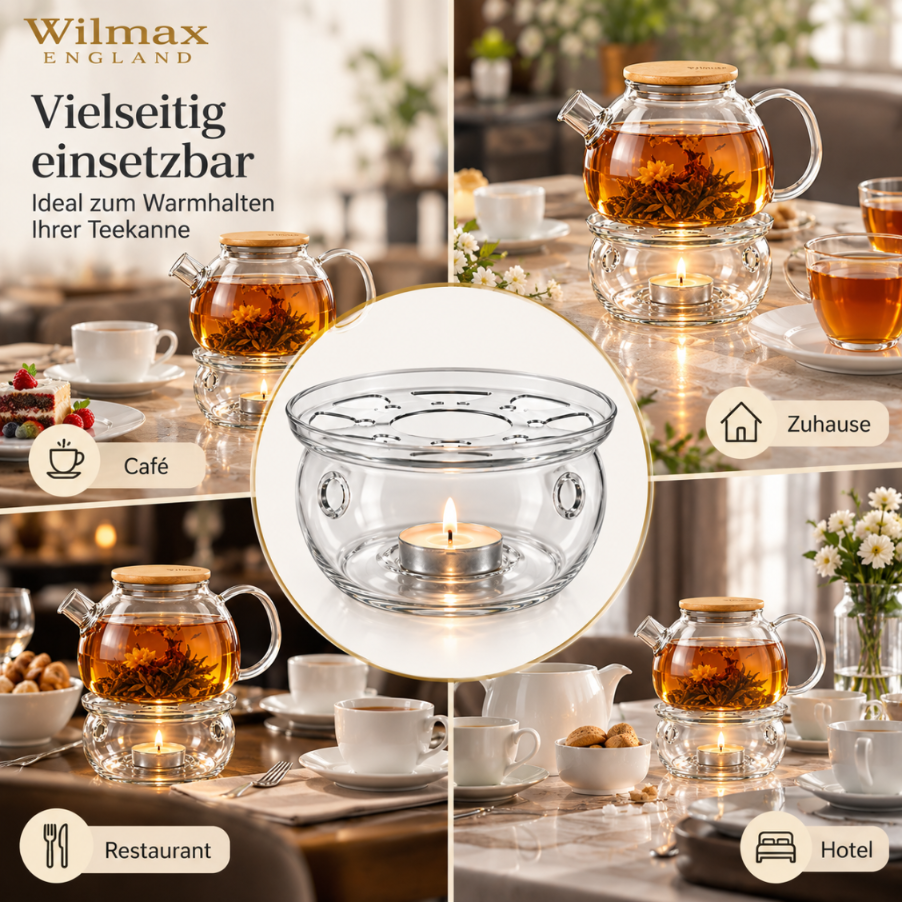 Wilmax Stövchen für Teekannen Transparent Glas – Anwendungs- oder Detailansicht; Lieferumfang: 1 Stück