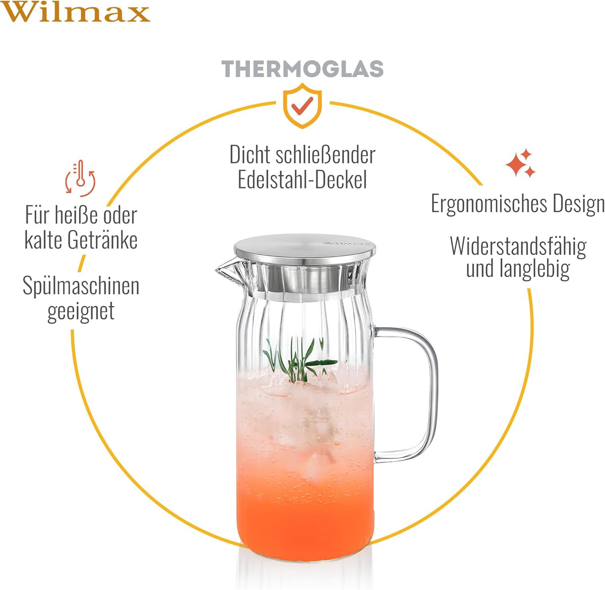 Wilmax Krug 1000 ml mit Edelstahldeckel Transparent Thermoglas – Anwendungs- oder Detailansicht; Lieferumfang: 1 Stück