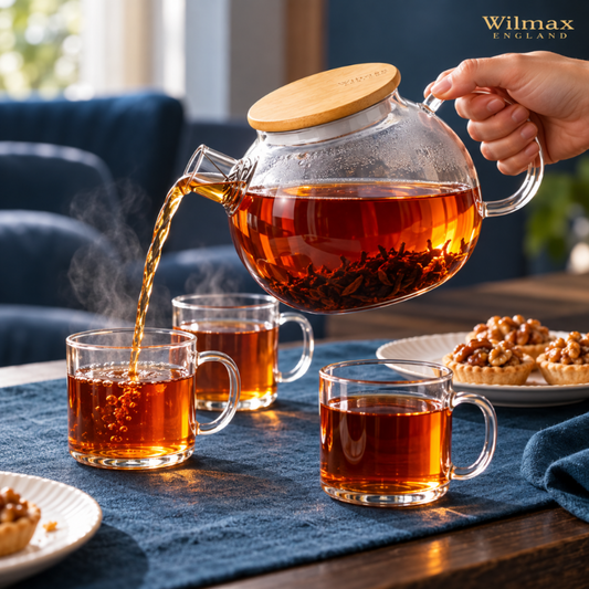 Wilmax Teekanne 1500 ml mit Federfilter und Bambusdeckel Transparent Thermoglas – Anwendungs- oder Detailansicht; Lieferumfang: 1 Stück
