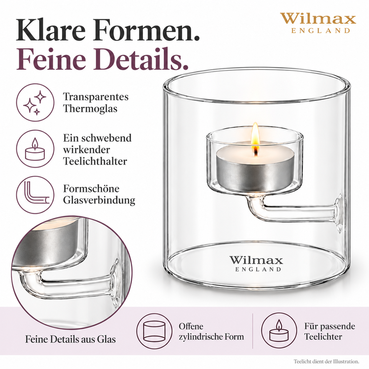 Wilmax Teelichthalter für 1 Teelicht 9 cm Transparent Glas – Anwendungs- oder Detailansicht; Lieferumfang: 1 Stück