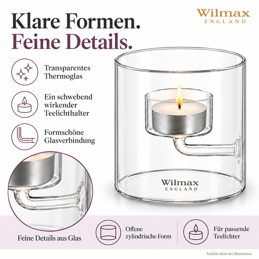 Wilmax Teelichthalter für 1 Teelicht 9 cm Transparent Glas – Anwendungs- oder Detailansicht; Lieferumfang: 1 Stück