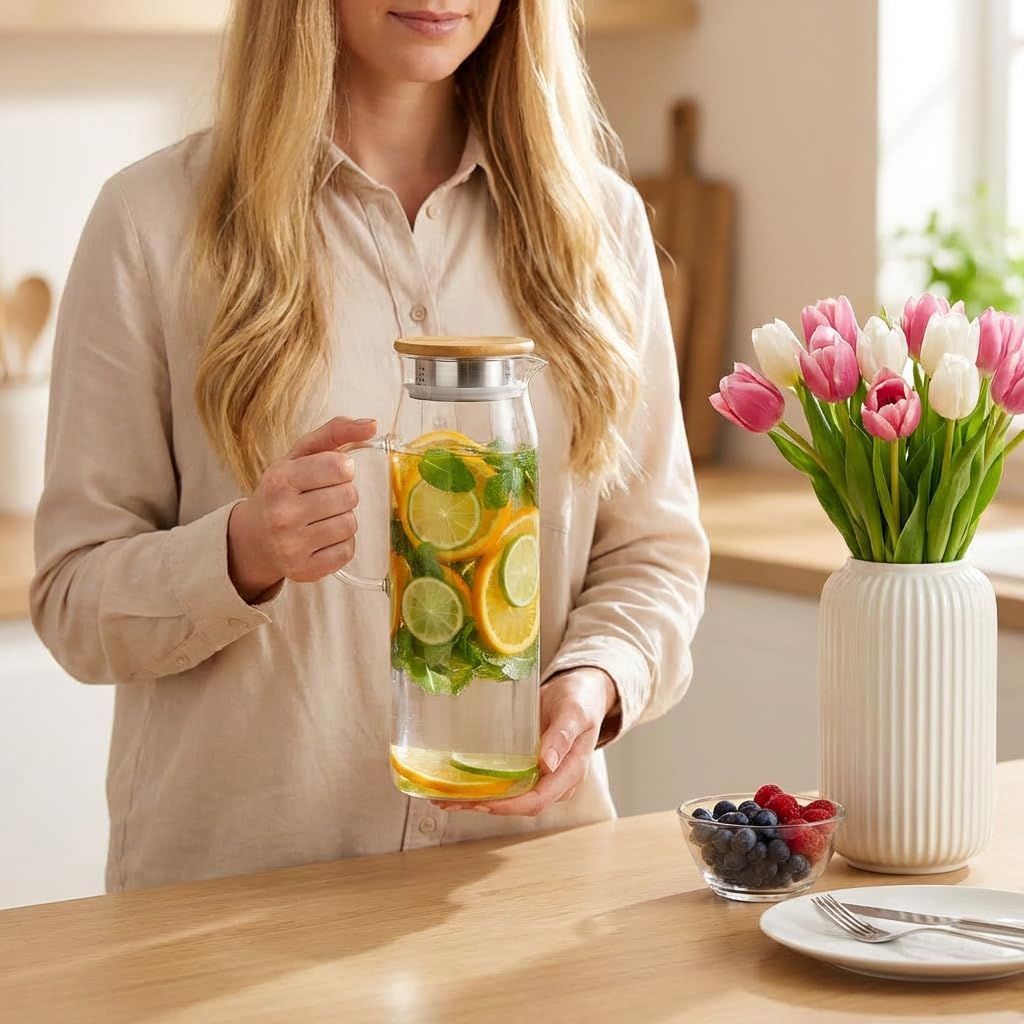 Wilmax Krug 1500 ml mit Bambusdeckel Transparent Thermoglas – Anwendungs- oder Detailansicht; Lieferumfang: 1 Stück