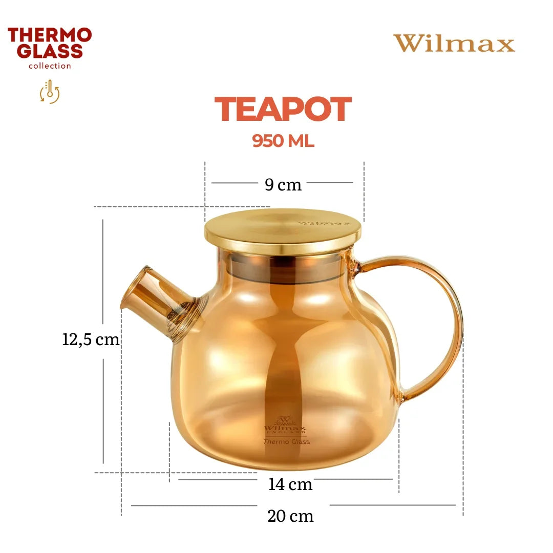 Wilmax Teekanne 950 ml mit Federfilter und mit Edelstahldeckel Gold Thermoglas – Anwendungs- oder Detailansicht; Lieferumfang: 1 Stück