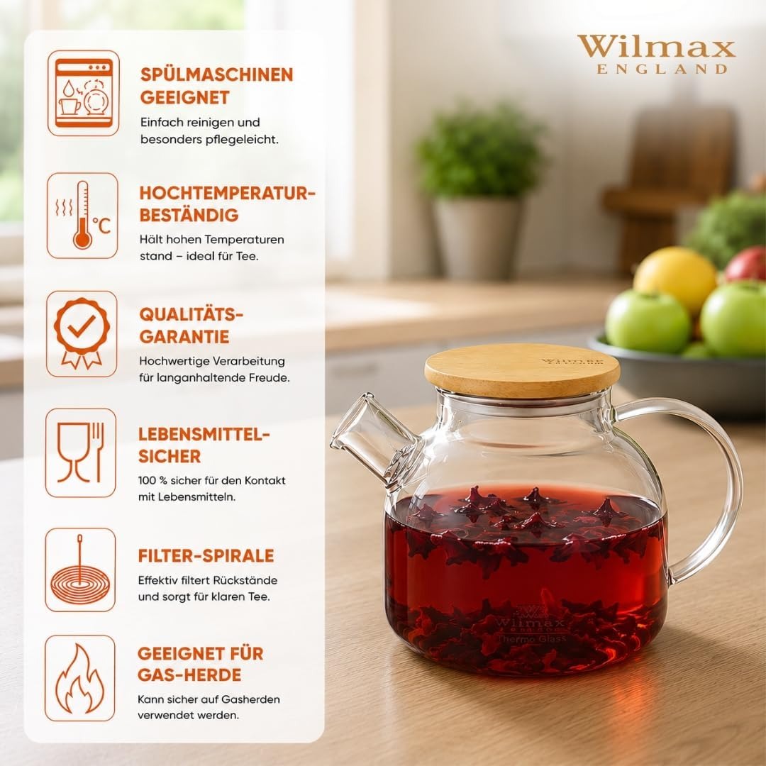 Wilmax Teekanne 1200 ml mit Bambusdeckel Transparent Thermoglas – Anwendungs- oder Detailansicht; Lieferumfang: 1 Stück