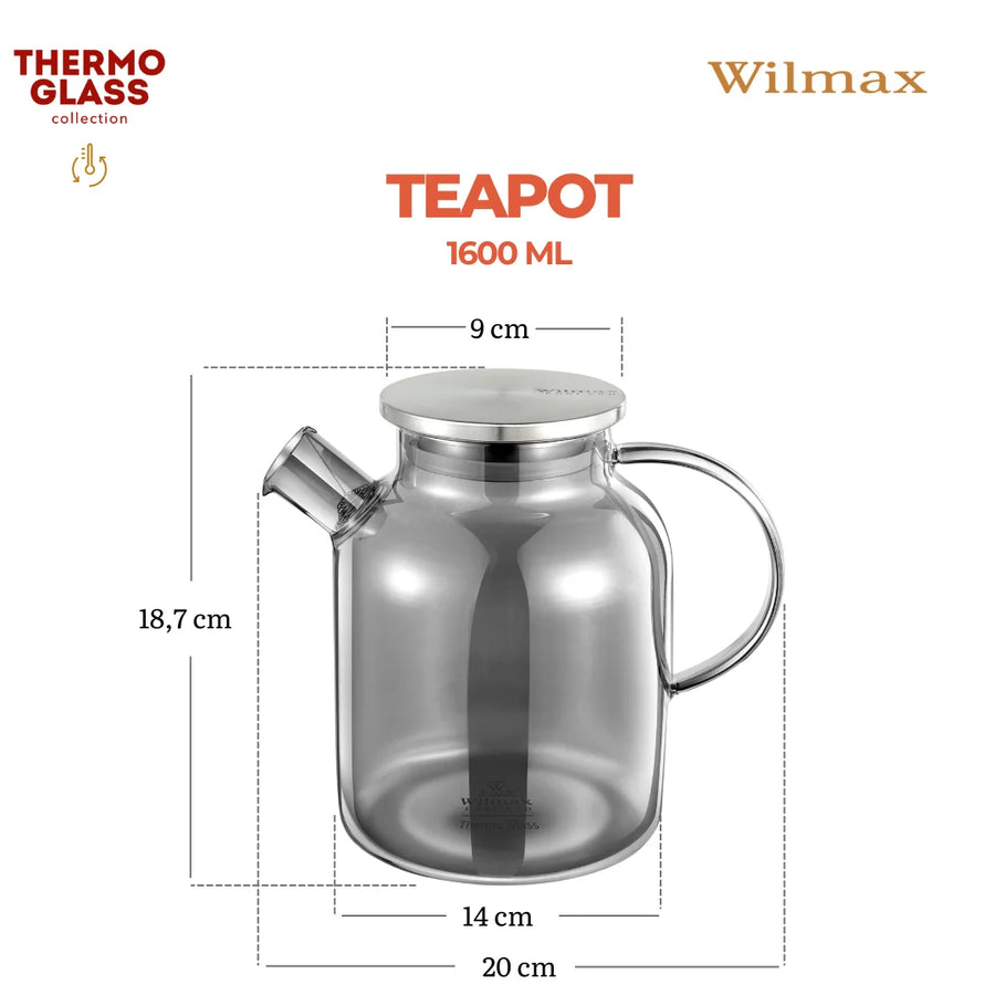 Wilmax Teekanne 1600 ml mit Federfilter und mit Edelstahldeckel Rauchgrau Thermoglas – Anwendungs- oder Detailansicht; Lieferumfang: 1 Stück