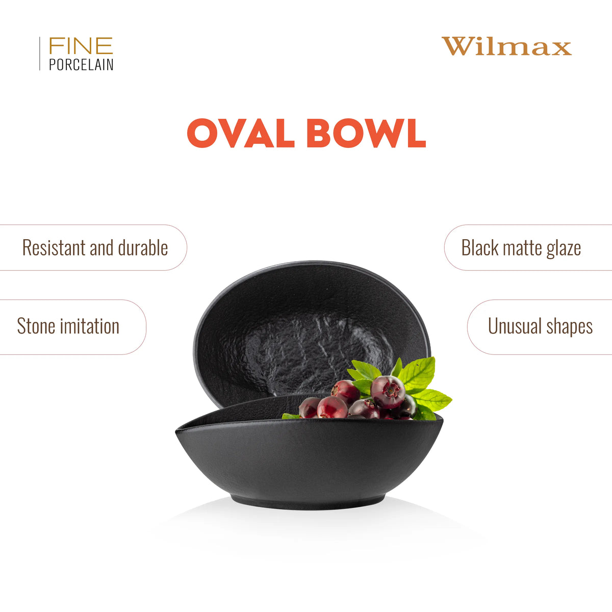 Wilmax Ovale Schale 13 × 10 × 6 cm 6er-Set Schwarz Porzellan – Anwendungs- oder Detailansicht; Lieferumfang: 6 Stück