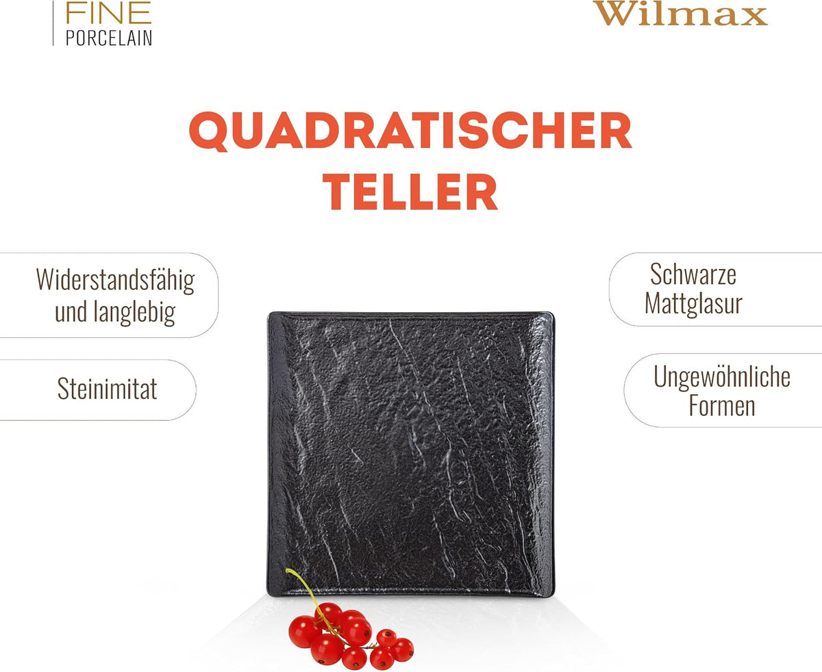 Wilmax Quadratische Servierplatte 13 × 13 cm 6er-Set Schwarz Porzellan – Anwendungs- oder Detailansicht; Lieferumfang: 6 Stück