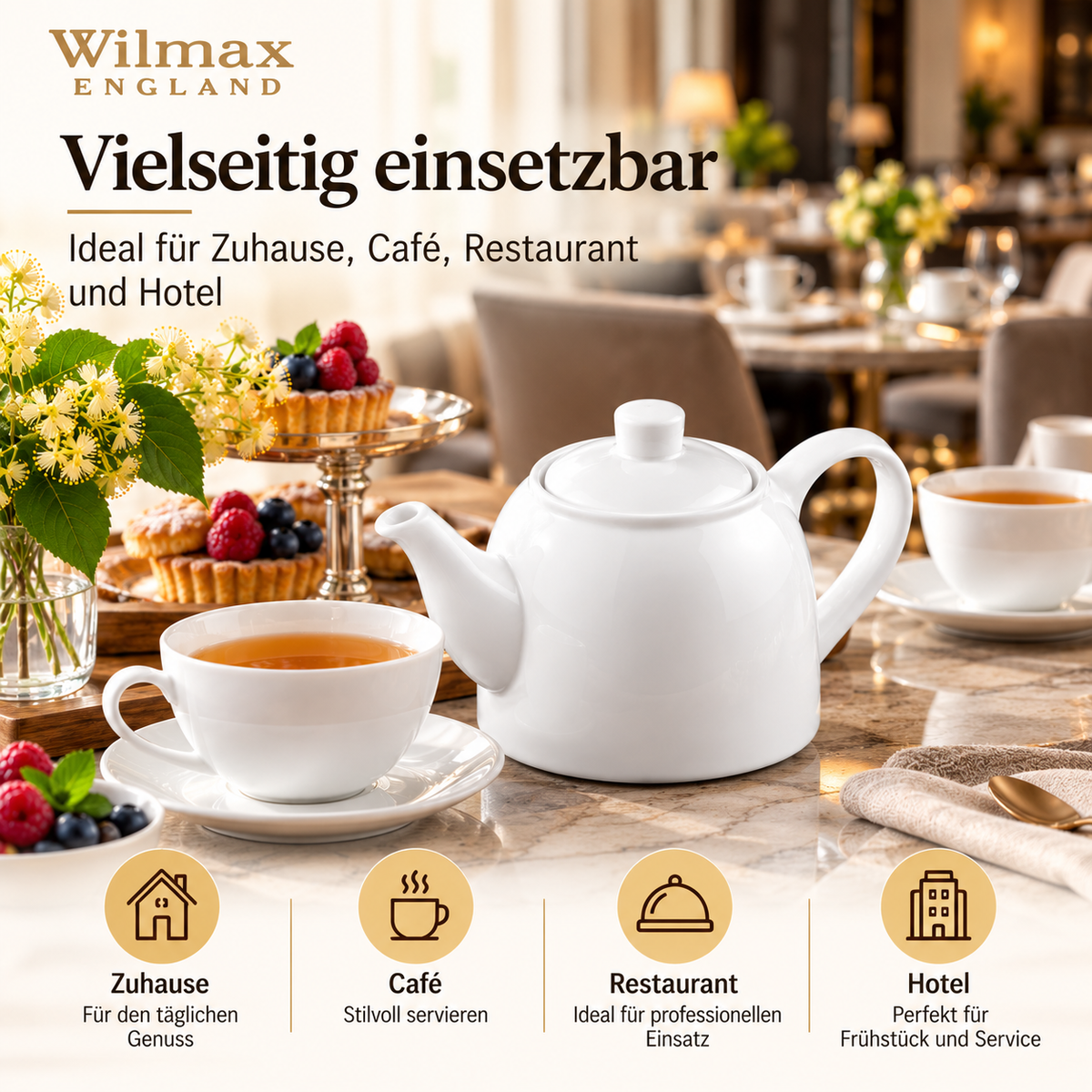 Wilmax Kaffee- und Teekanne mit Ausgusssieb 900 ml Weiß Porzellan – Anwendungs- oder Detailansicht; Lieferumfang: 1 Stück