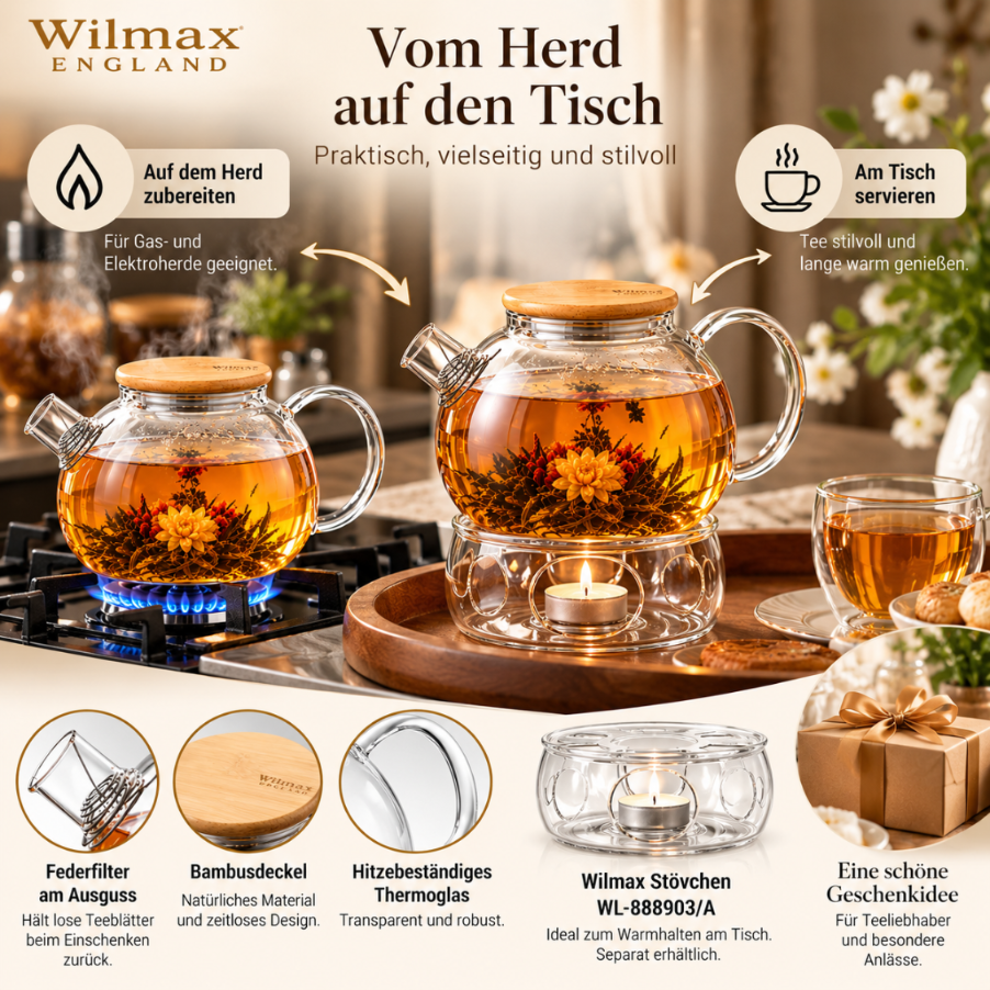 Wilmax Teekanne 1500 ml mit Federfilter und Bambusdeckel Transparent Thermoglas – Anwendungs- oder Detailansicht; Lieferumfang: 1 Stück