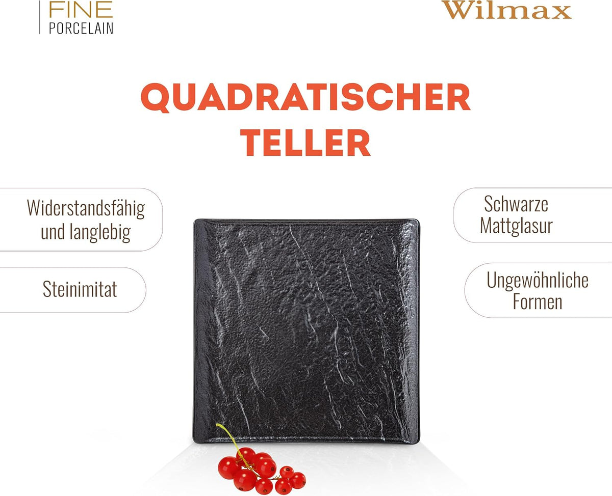 Wilmax Quadratische Servierplatte 17 × 17 cm 6er-Set Schwarz Porzellan – Anwendungs- oder Detailansicht; Lieferumfang: 6 Stück