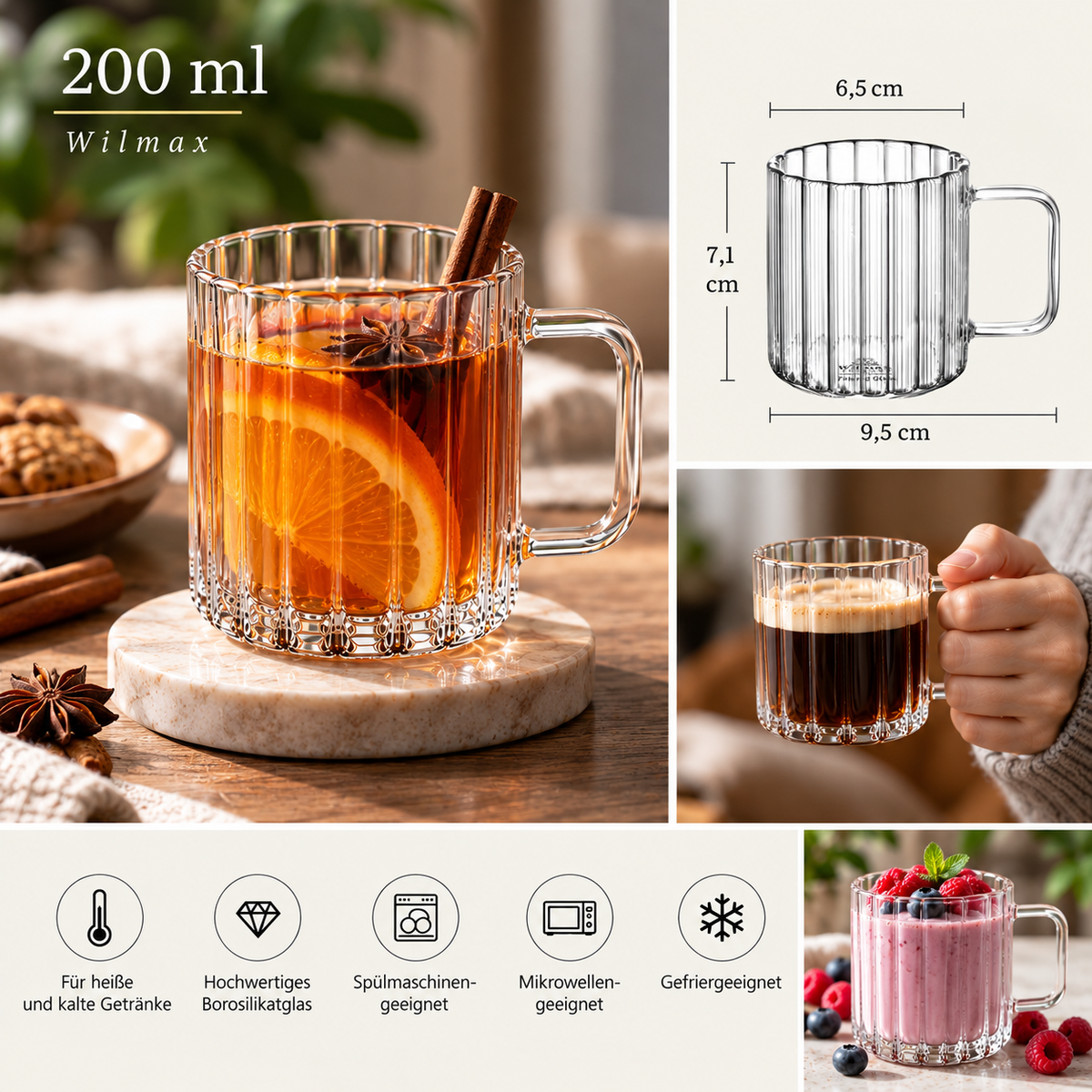 Wilmax Glasbecher mit Henkel 200 ml 6er-Set Glas – Anwendungs- oder Detailansicht; Lieferumfang: 6 Stück