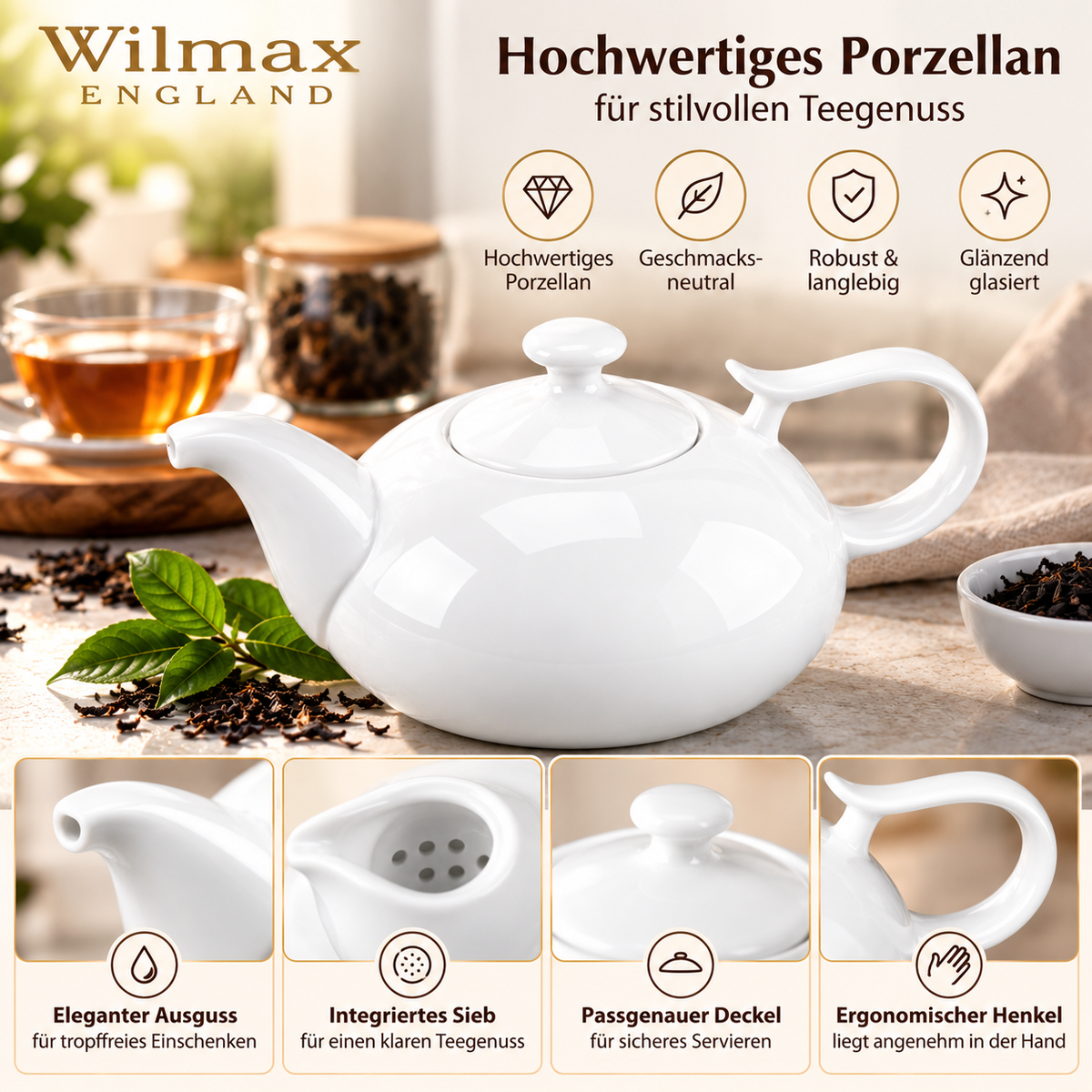 Wilmax Kaffee- und Teekanne mit Ausgusssieb 1150 ml Weiß Porzellan – Anwendungs- oder Detailansicht; Lieferumfang: 1 Stück