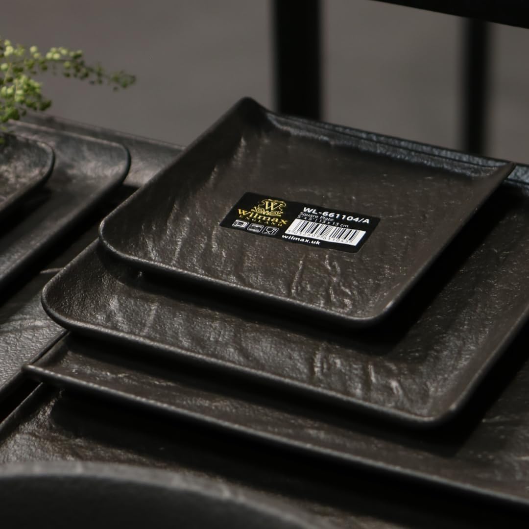 Wilmax Quadratische Servierplatte 13 × 13 cm 6er-Set Schwarz Porzellan – Anwendungs- oder Detailansicht; Lieferumfang: 6 Stück