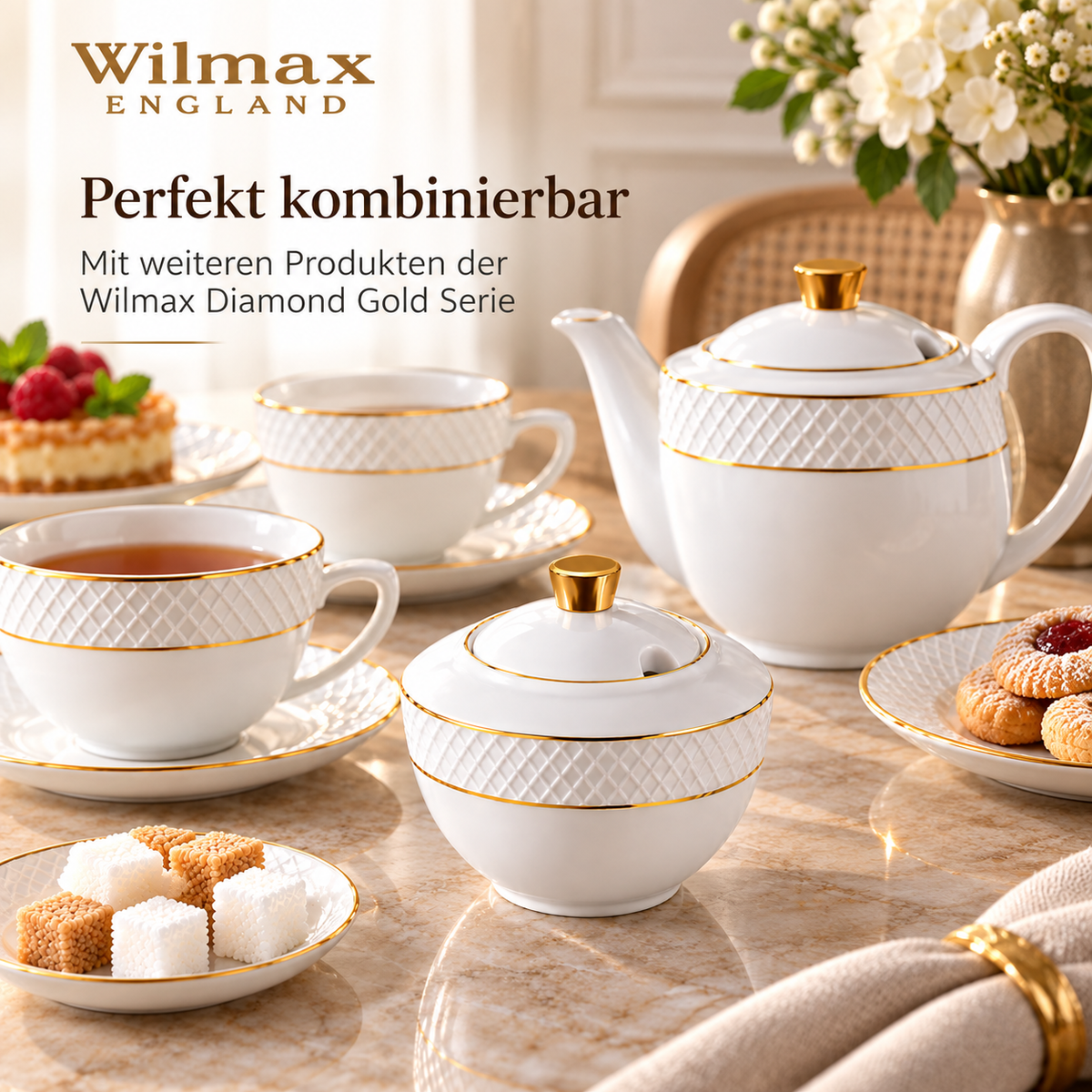 Wilmax Zuckerdose 340 ml Weiß mit Golddekor Porzellan – Anwendungs- oder Detailansicht; Lieferumfang: 1 Stück