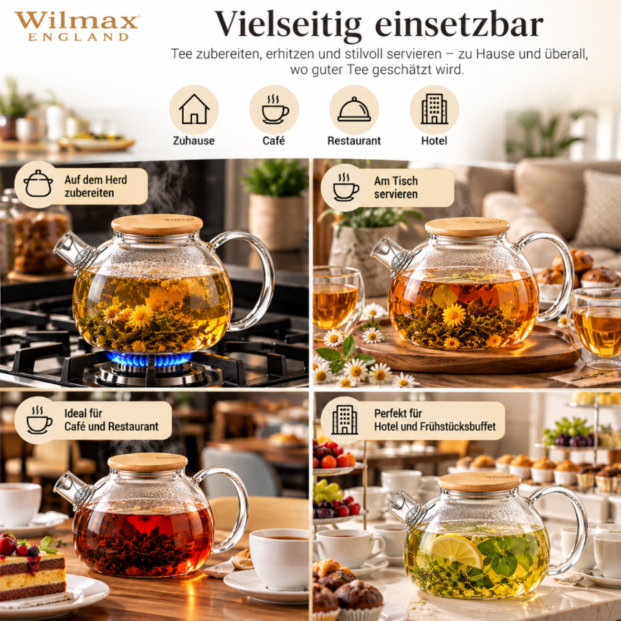 Wilmax Teekanne 1500 ml mit Federfilter und Bambusdeckel Transparent Thermoglas – Anwendungs- oder Detailansicht; Lieferumfang: 1 Stück