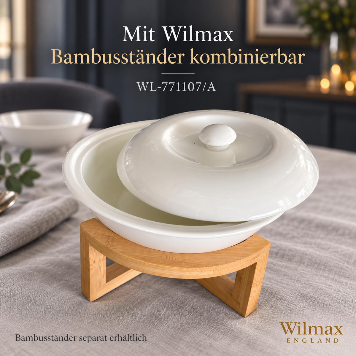 Wilmax Suppenterrine mit Deckel 1700 ml 26 cm Weiß Porzellan – Anwendungs- oder Detailansicht; Lieferumfang: 1 Stück