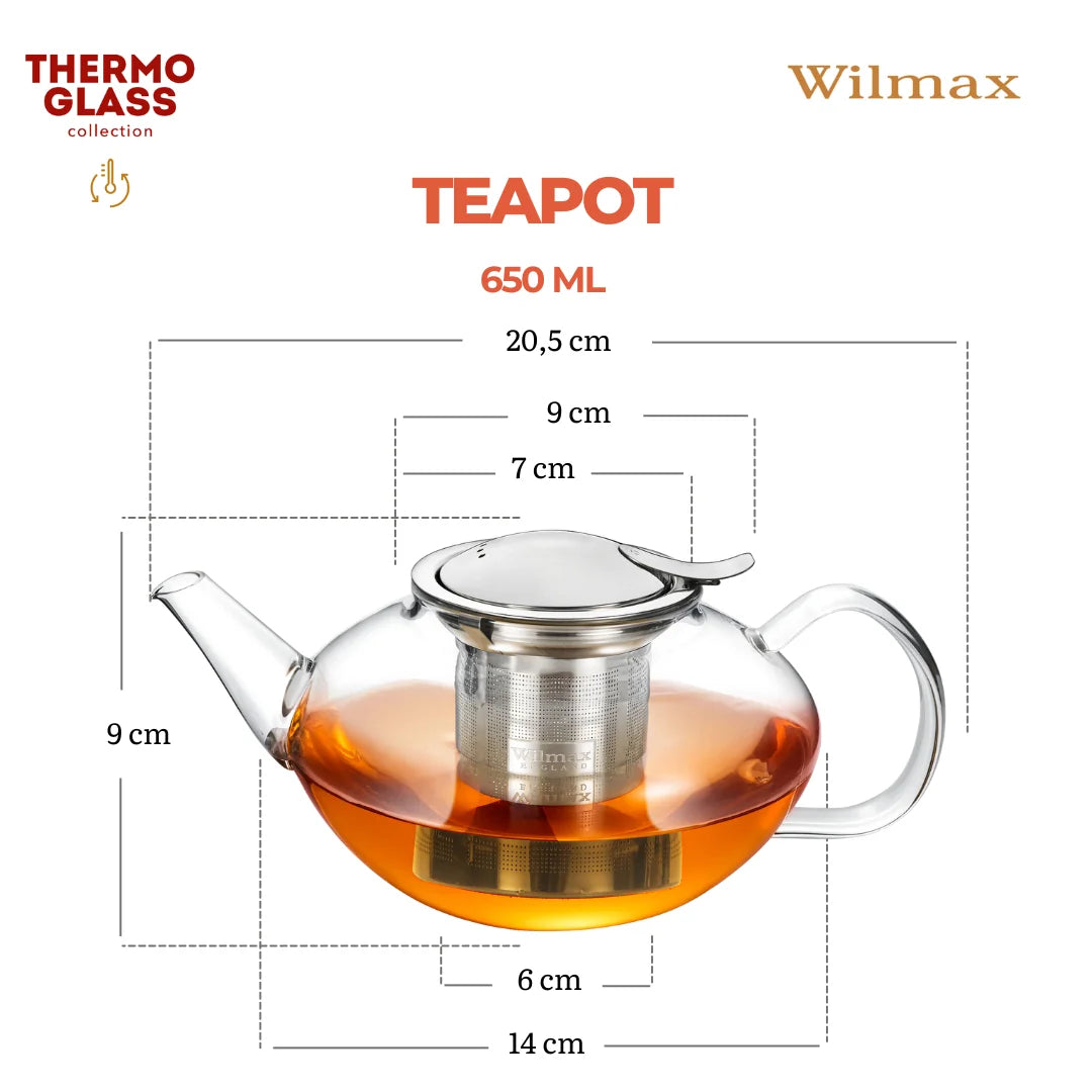 Wilmax Teekanne 650 ml mit Edelstahlfilter Transparent Thermoglas – Anwendungs- oder Detailansicht; Lieferumfang: 1 Stück