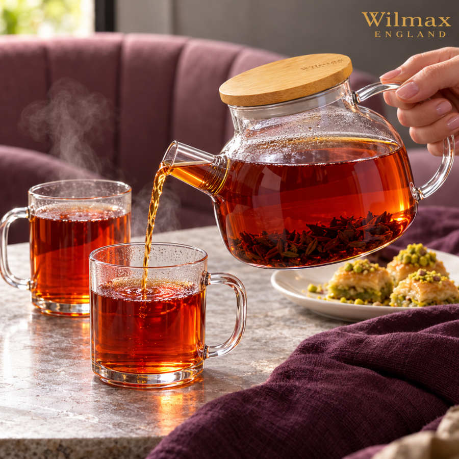 Wilmax Teekanne 950 ml mit Federfilter und Bambusdeckel Transparent Thermoglas – Anwendungs- oder Detailansicht; Lieferumfang: 1 Stück