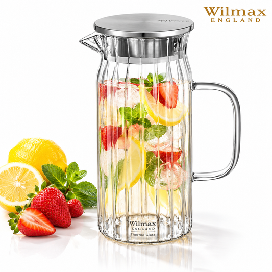 Wilmax Krug 1000 ml mit Edelstahldeckel Transparent Thermoglas – Produktansicht; Lieferumfang: 1 Stück