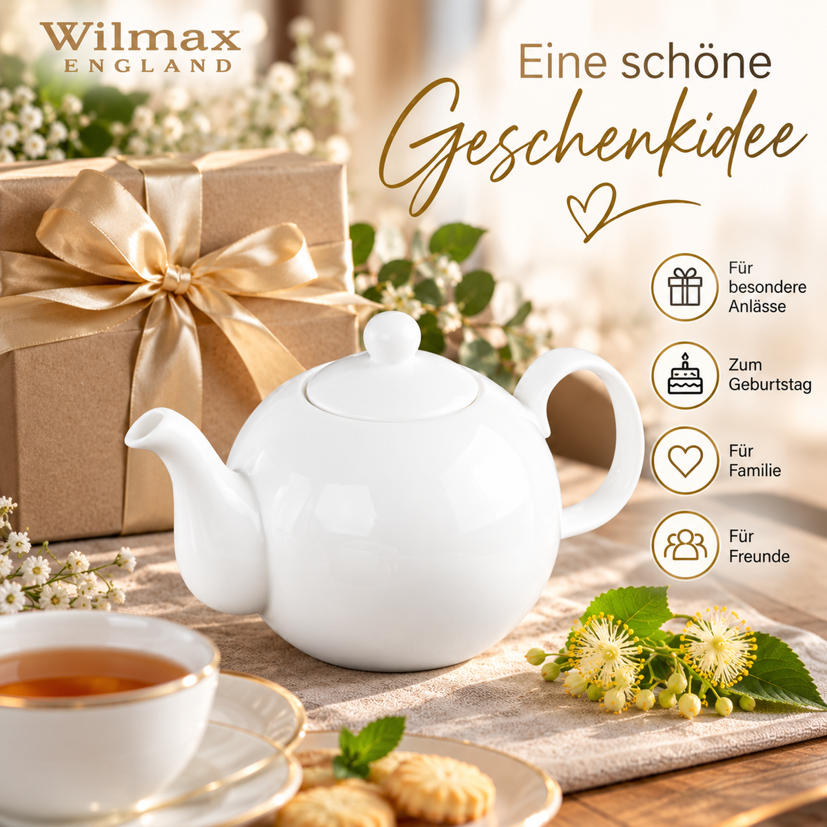 Wilmax Kaffee- und Teekanne mit Ausgusssieb 1100 ml Weiß Porzellan – Anwendungs- oder Detailansicht; Lieferumfang: 1 Stück