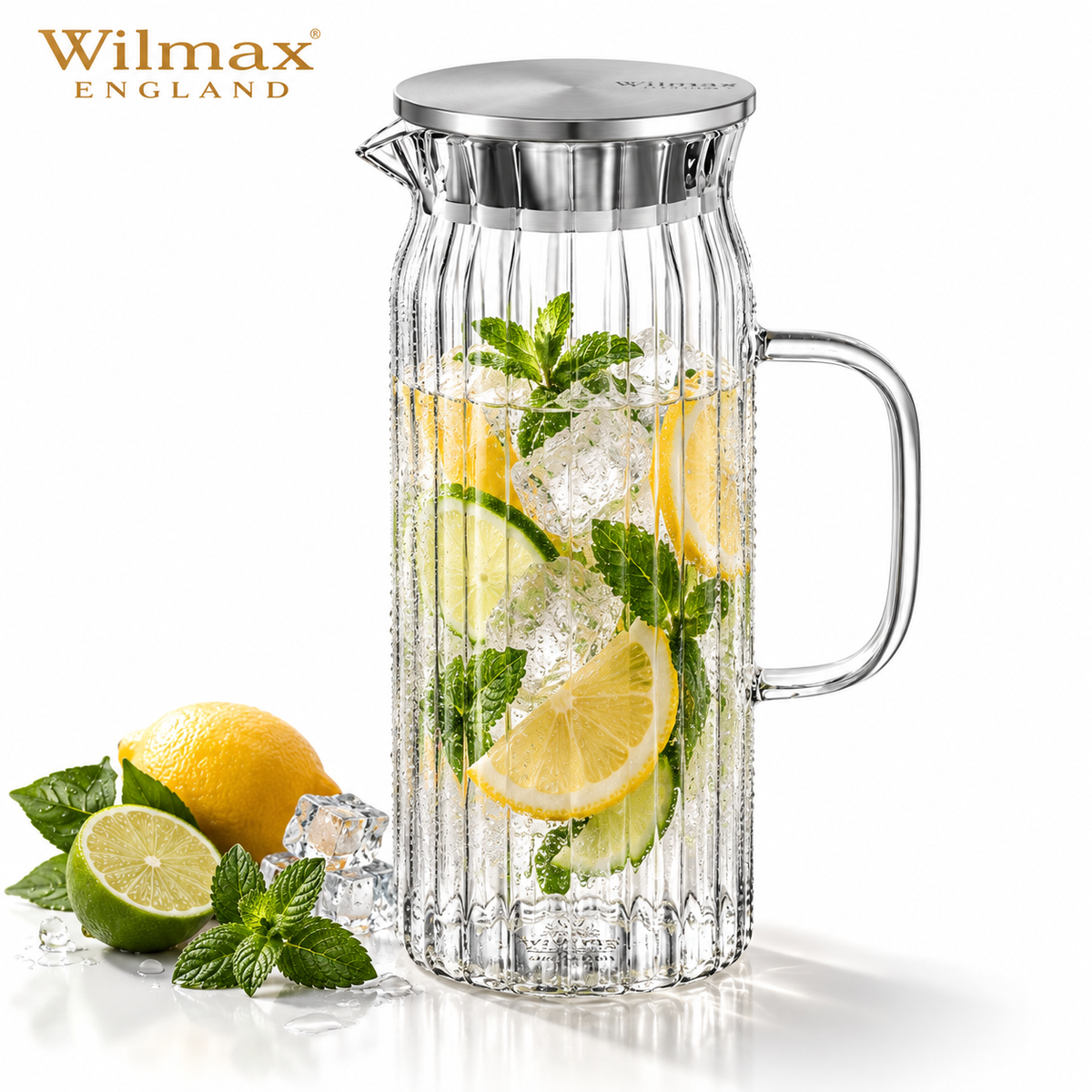 Wilmax Krug 1500 ml mit Edelstahldeckel Transparent Thermoglas – Produktansicht; Lieferumfang: 1 Stück