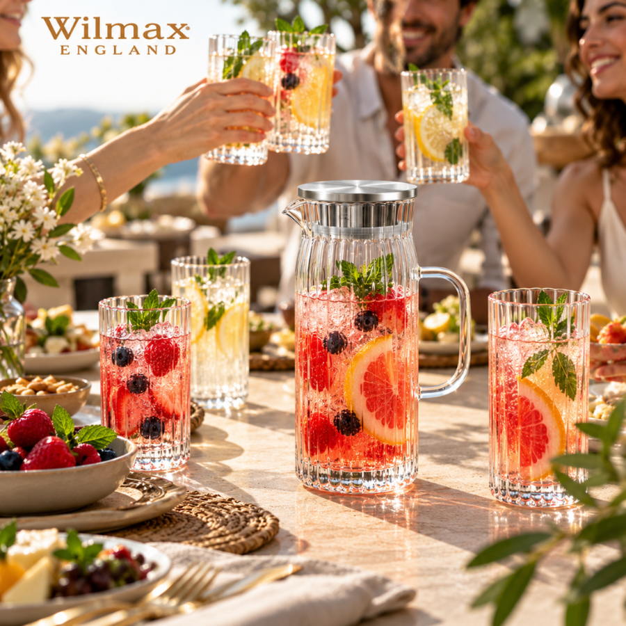 Wilmax Krug 1000 ml mit Edelstahldeckel Transparent Thermoglas – Anwendungs- oder Detailansicht; Lieferumfang: 1 Stück