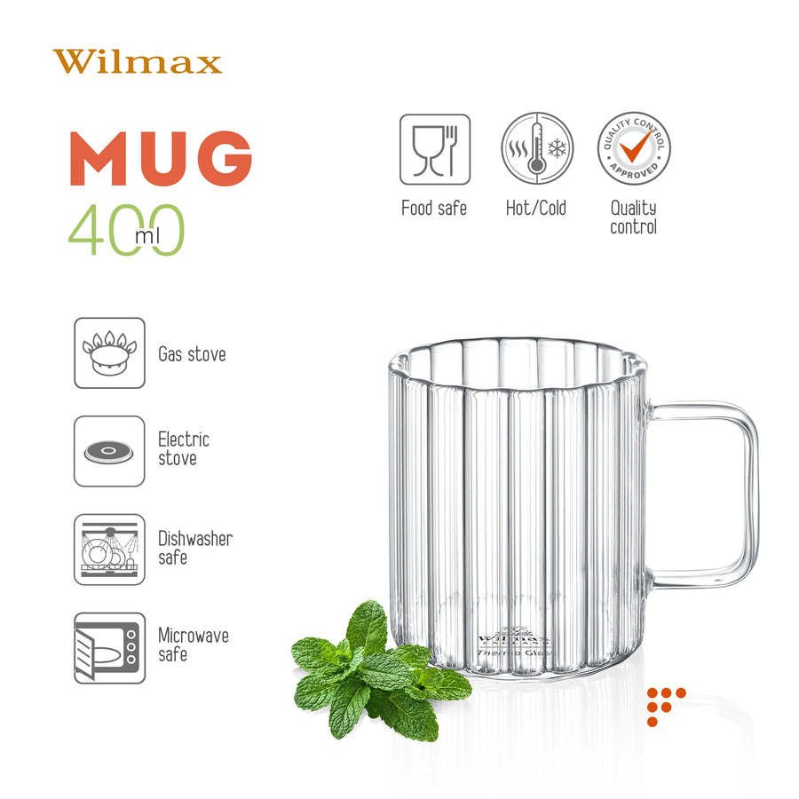 Wilmax Glasbecher mit Henkel 400 ml 6er-Set Glas – Anwendungs- oder Detailansicht; Lieferumfang: 6 Stück