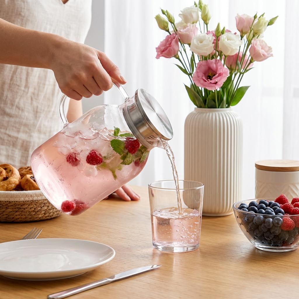 Wilmax Krug 2100 ml mit Edelstahldeckel und Filter Transparent Thermoglas – Anwendungs- oder Detailansicht; Lieferumfang: 1 Stück