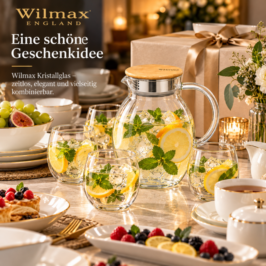 Wilmax Krug 2400 ml mit Bambusdeckel und Filter Transparent Thermoglas – Anwendungs- oder Detailansicht; Lieferumfang: 1 Stück