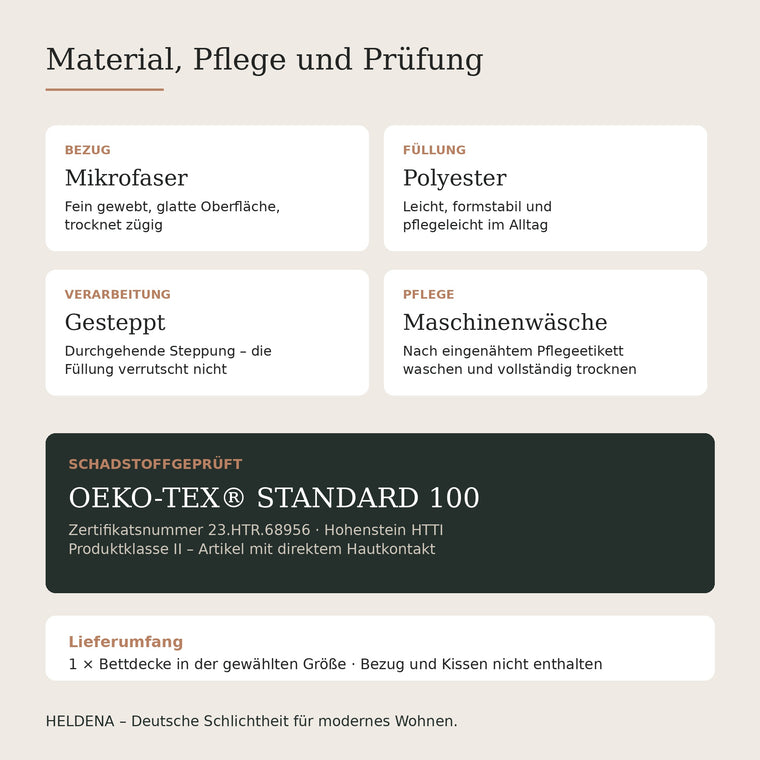Material, Pflege und OEKO-TEX Zertifizierung der HELDENA Bettdecke
