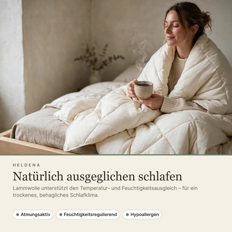 Lammwolle unterstützt Temperatur- und Feuchtigkeitsausgleich – atmungsaktiv, hypoallergen