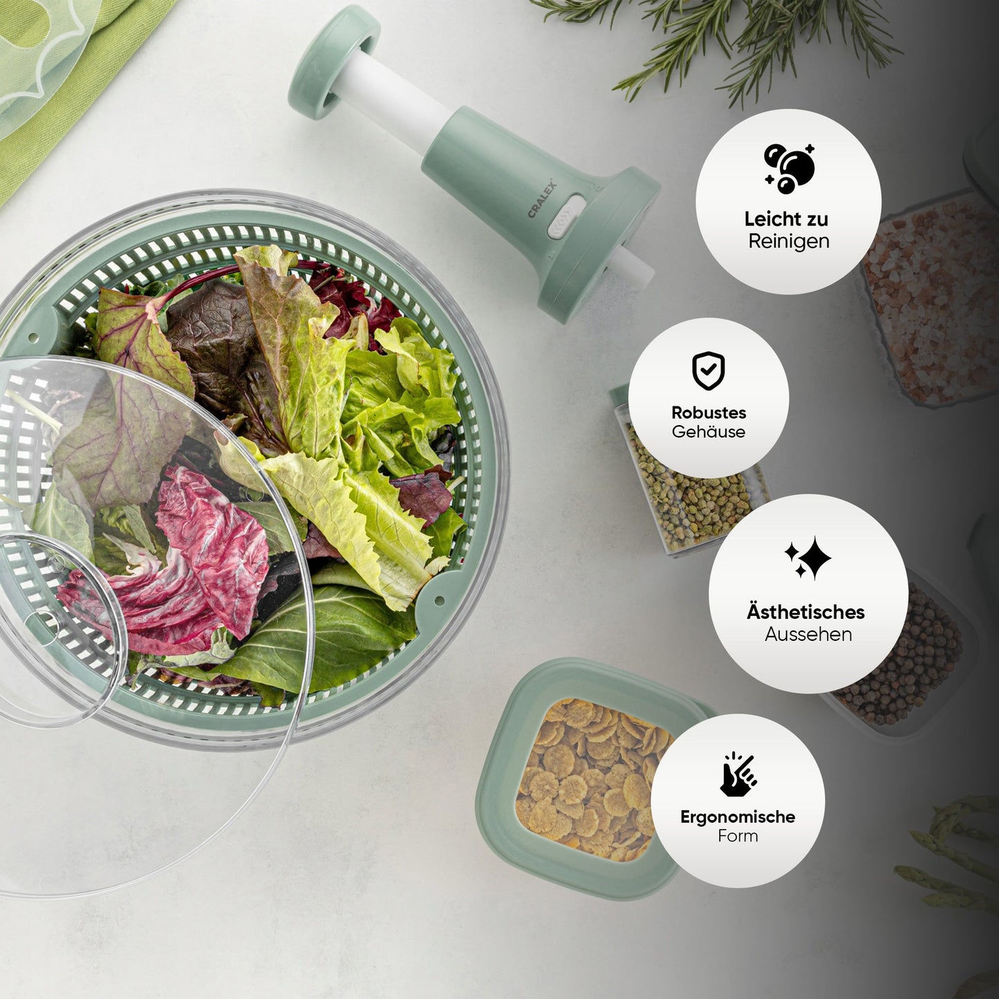 CRALEX Küchenhelfer Set – Salatschleuder 5 L + Schalen 2 L & 3 L | HELDENA
