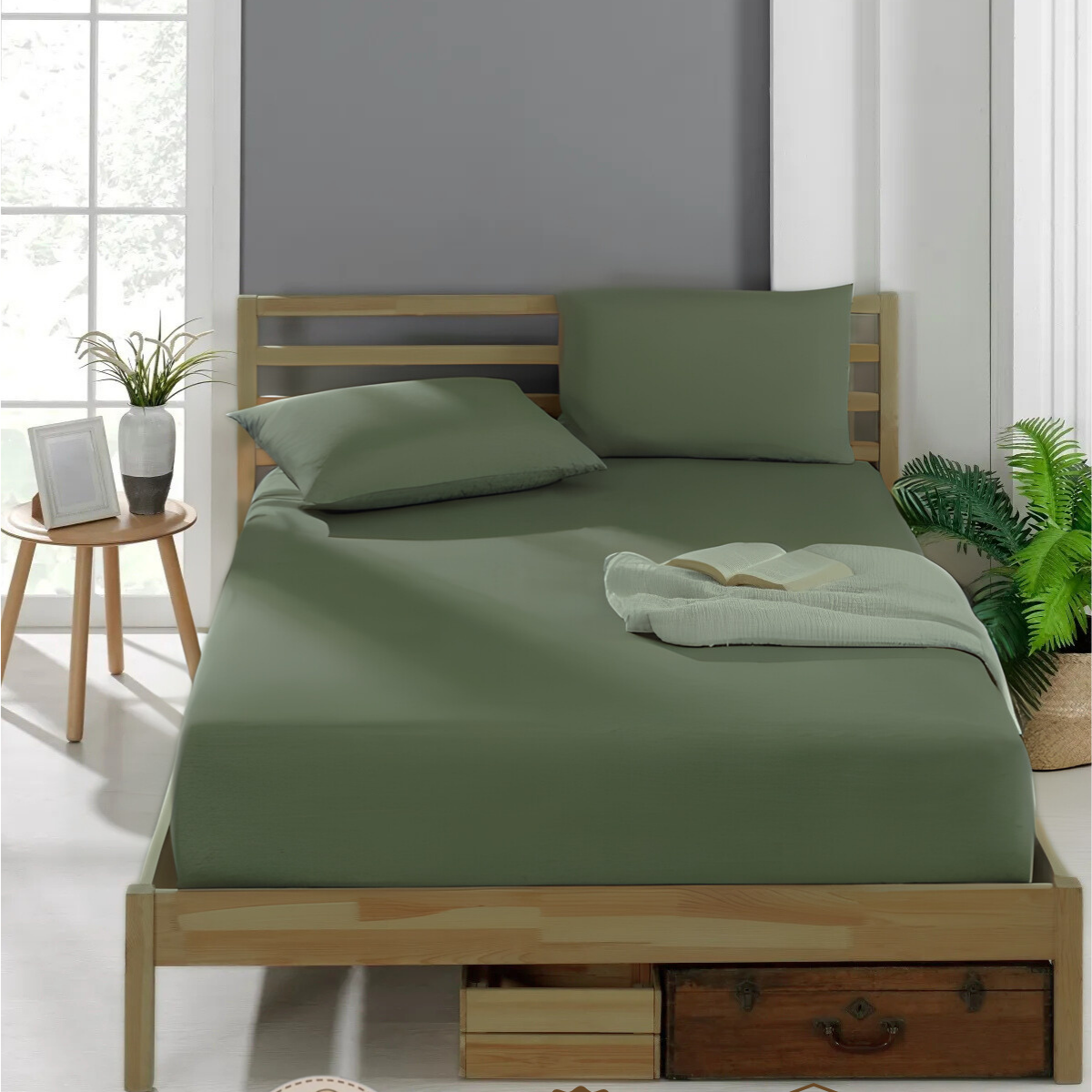 Grünes Spannbettlaken Baumwolle Naturfarben Schlafzimmer Einzelbett