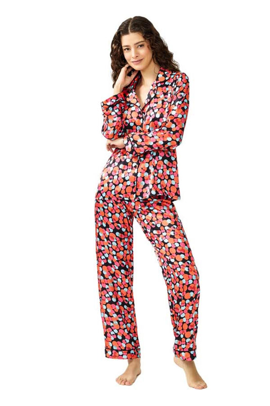 Cottonhill Satin-Pyjama Damen bunt gepunktet, Vorderansicht