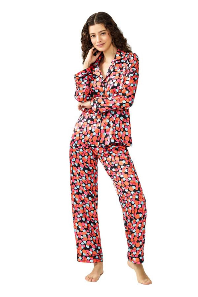 Cottonhill Satin-Pyjama Damen bunt gepunktet, Vorderansicht