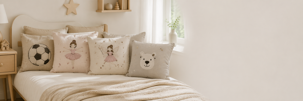 HELDENA Kinder Dekokissen Kollektion mit dekorativen Kinderkissen auf einem Kinderbett