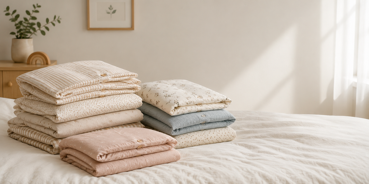 HELDENA Kinderbettwäsche Kollektion mit gefalteten Baumwoll- und Musselin-Bettwäsche-Sets in sanften Naturtönen