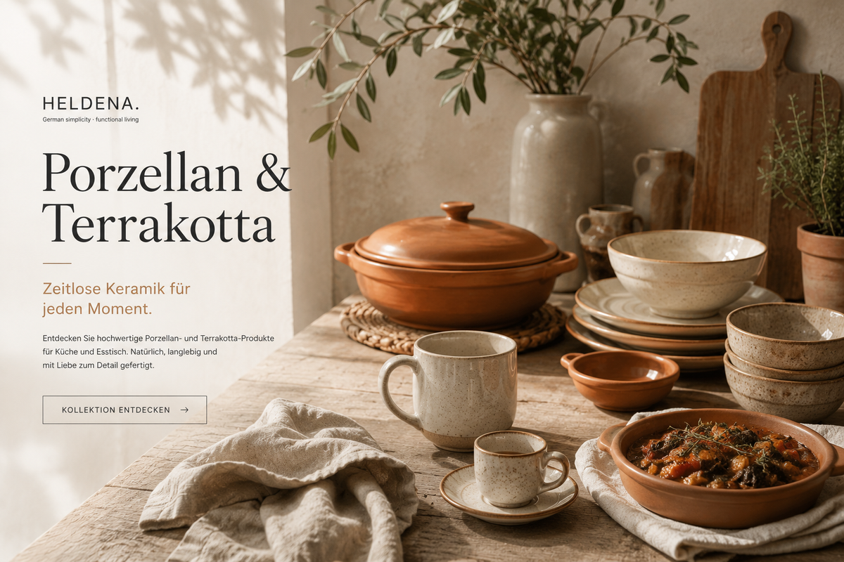 HELDENA Porzellan und Terrakotta Banner mit Tontöpfen und natürlicher Tischkultur