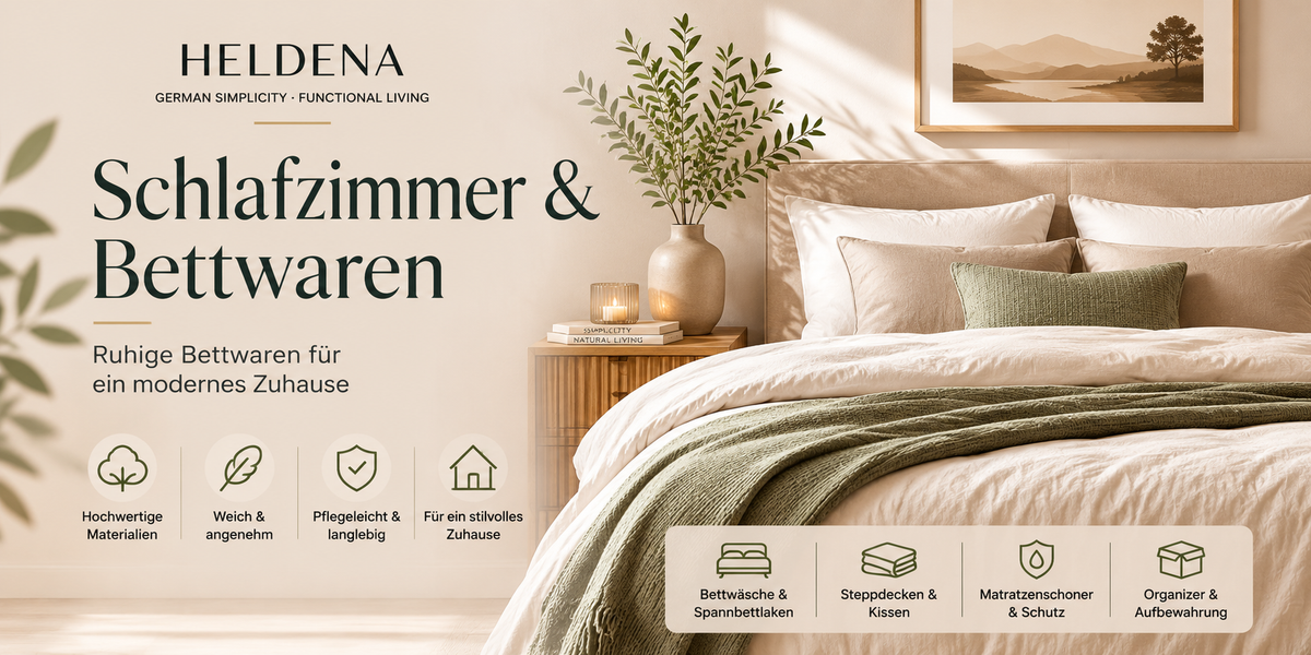 Modernes Schlafzimmer mit Bettwäsche, Spannbettlaken, Kissen und Wohntextilien