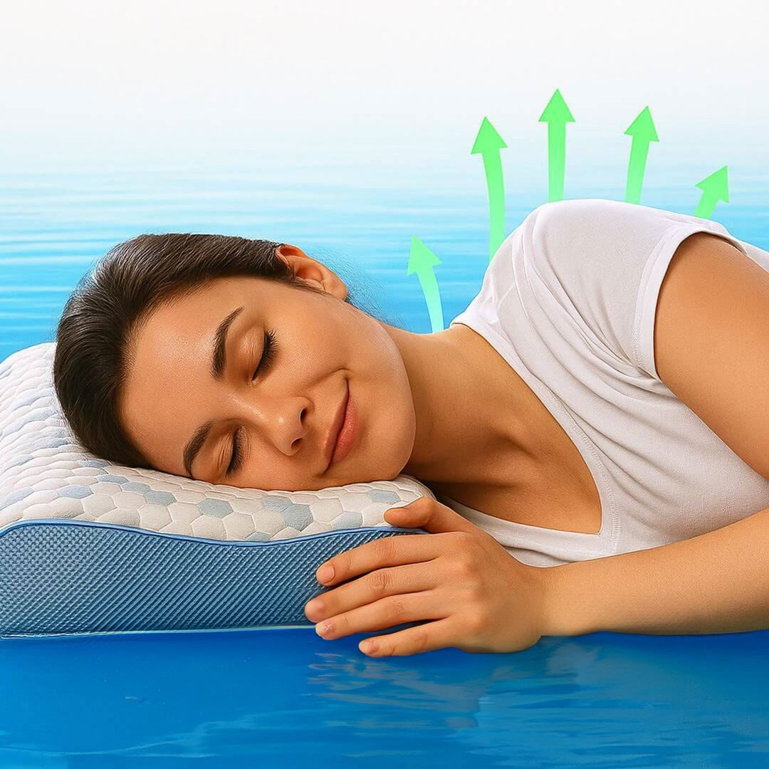 Cooler Visco Nackenstützkissen mit blauen Cool-Elementen und ergonomischer Form