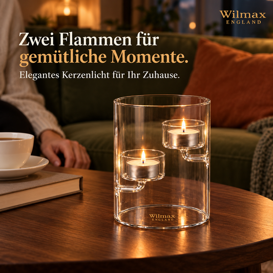Wilmax Teelichthalter für 2 Teelichter 12 cm Transparent Glas – Anwendungs- oder Detailansicht; Lieferumfang: 1 Stück