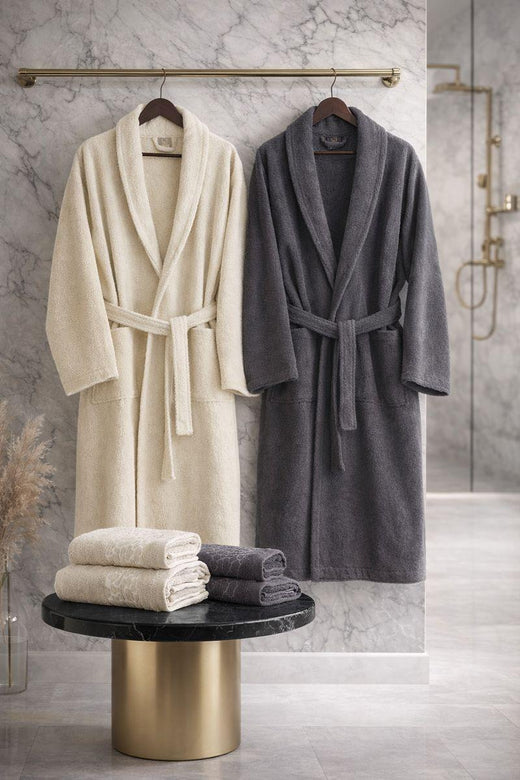 HELDENA Premium Bademantel & Handtuch Set Anthrazit-Beige 6-teilig Jacquard Geschenkset