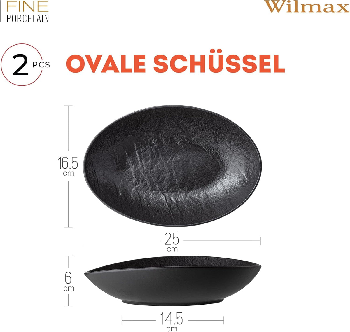 Wilmax Ovale Servierschale 25 × 16,5 × 6 cm 2er-Set Schwarz Porzellan – Anwendungs- oder Detailansicht; Lieferumfang: 2 Stück