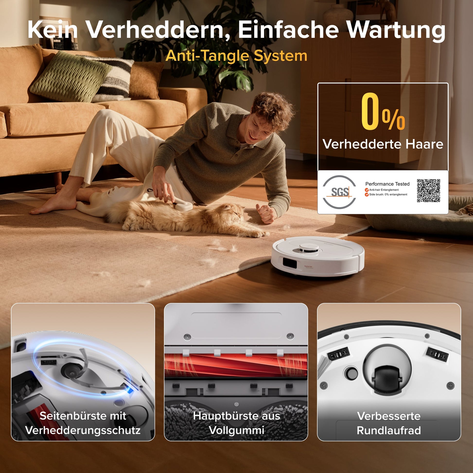 Roborock Qrevo S Pro mit 18.500 Pa Saugkraft nimmt Tierhaare und Staub vom Teppich auf