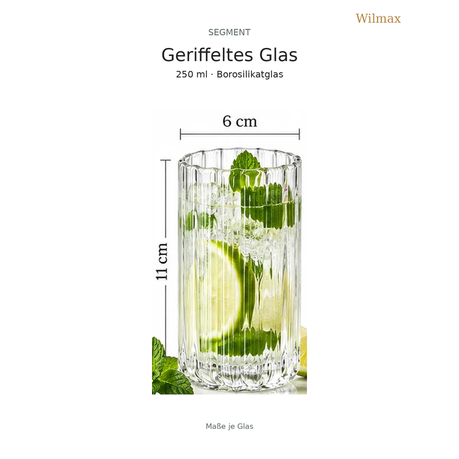Wilmax Geriffeltes Glas 250 ml 6er-Set Transparent Borosilikatglas – Anwendungs- oder Detailansicht; Lieferumfang: 6 Stück