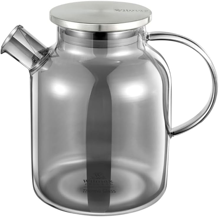 Wilmax Teekanne 1600 ml mit Federfilter und mit Edelstahldeckel Rauchgrau Thermoglas – Produktansicht; Lieferumfang: 1 Stück
