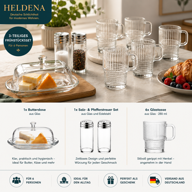 HELDENA Frühstücksset – Butterdose, Salz- & Pfefferstreuer + 6 Teegläser 270 ml
