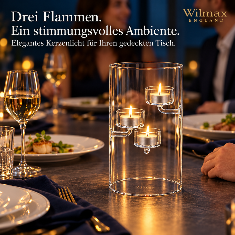 Wilmax Teelichthalter für 3 Teelichter 20 cm Transparent Glas – Anwendungs- oder Detailansicht; Lieferumfang: 1 Stück