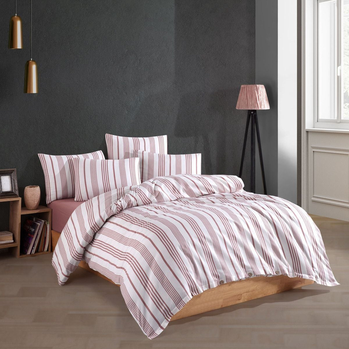 Bettwäsche Set Weiß Rosa Gestreift aus 100% Baumwolle Ranforce mit Spannbettlaken